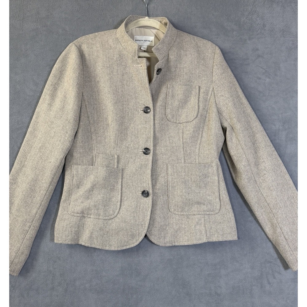 Banana Republic Women's Beige Brown Herringbone Wool Blend Tweed Blazer Size 12